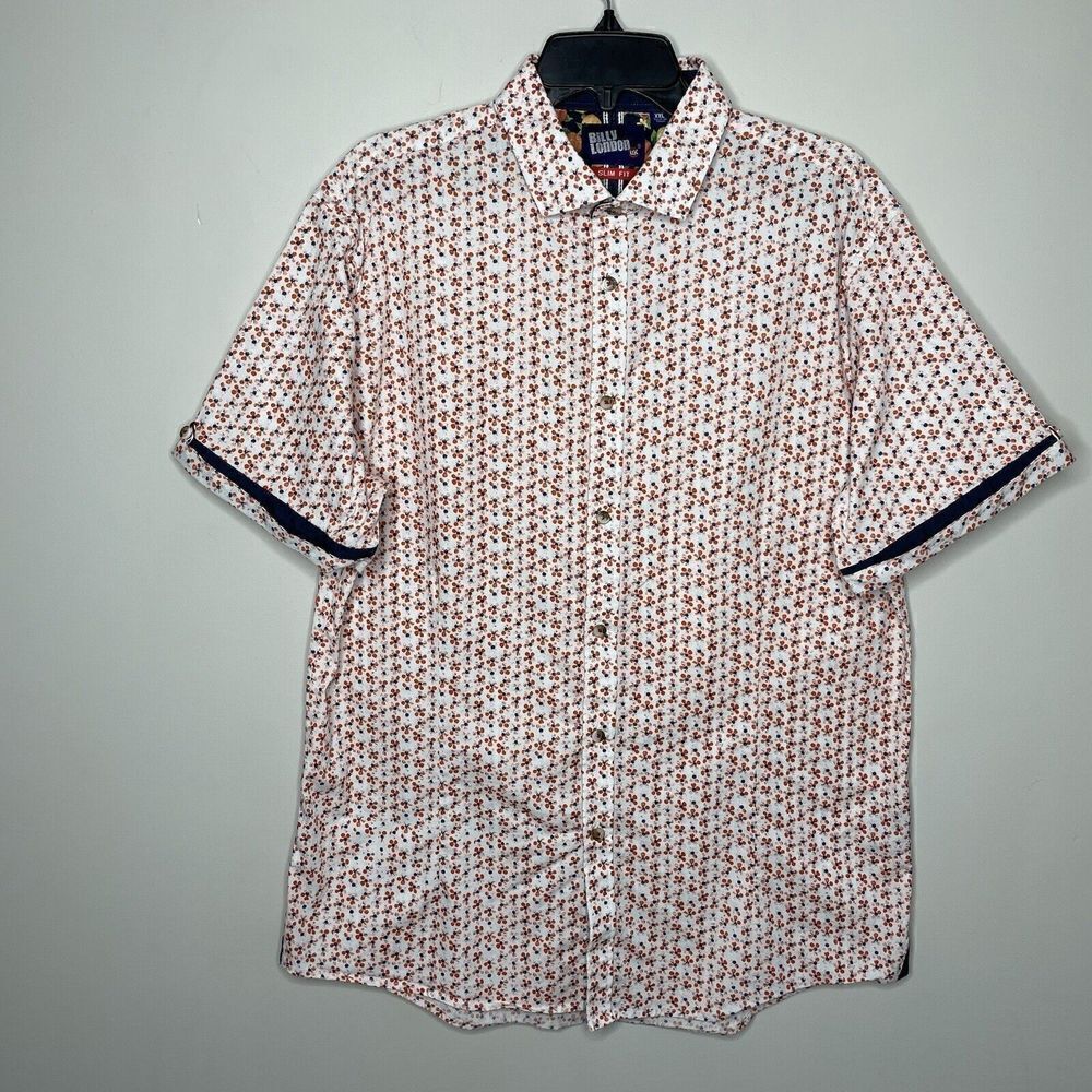 BILLY LONDON UK Shirt Mens XXL White Orange Floral Button Up Slim Fit Stretch